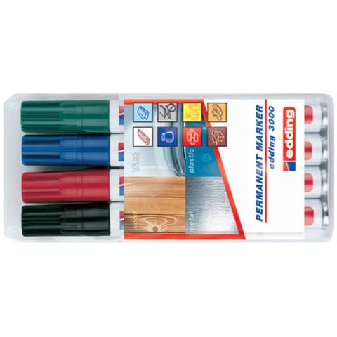 EDDING - 3000 Permanentmarker - nachfüllbar, 1,5 - 3 mm, Etui mit 4 Farben