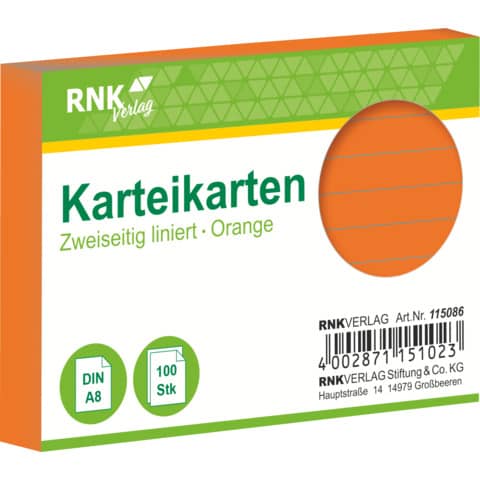 RNK Verlag - Karteikarten - DIN A8, liniert, orange, 100 Karten