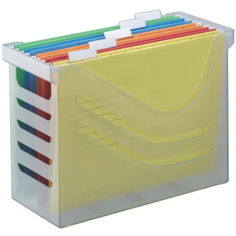 Jalema - Hängemappenbox - weiß transluszent, gefüllt mit 5 farbigen Hängemappen A4