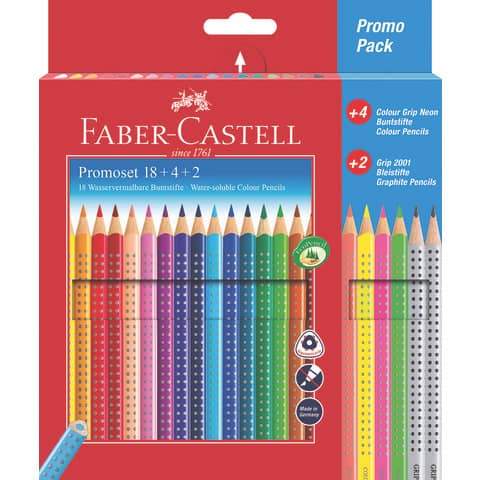 FABER-CASTELL - Colour Grip Buntstifte 24er Promotionset mit 18 Colour Grip Buntstiften, 4 Colour Grip Buntstiften neon und 2 Grip 2001 Bleistifte