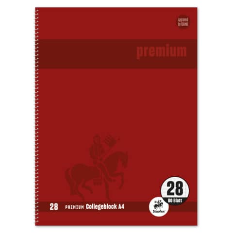 Staufen® - Collegeblock Premium LIN 28 - A4, 80 Blatt, 90 g/qm, rot, kariert mit Doppelrand