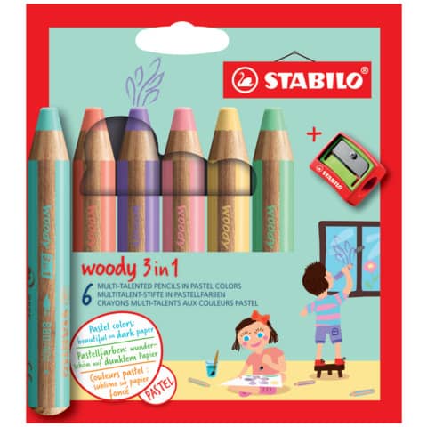 STABILO® - Buntstift, Wasserfarbe & Wachsmalkreide - woody 3 in 1 - 6er Pack Pastell mit Spitzer, sortiert
