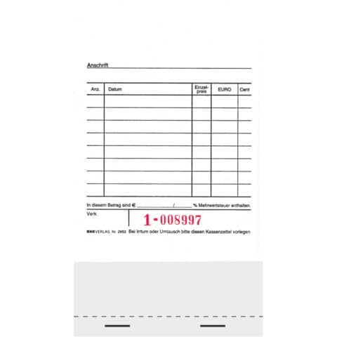 RNK Verlag - Kassenblock - unten geheftet, 2 x 50 Blatt, 96 x 175 mm, nummeriert