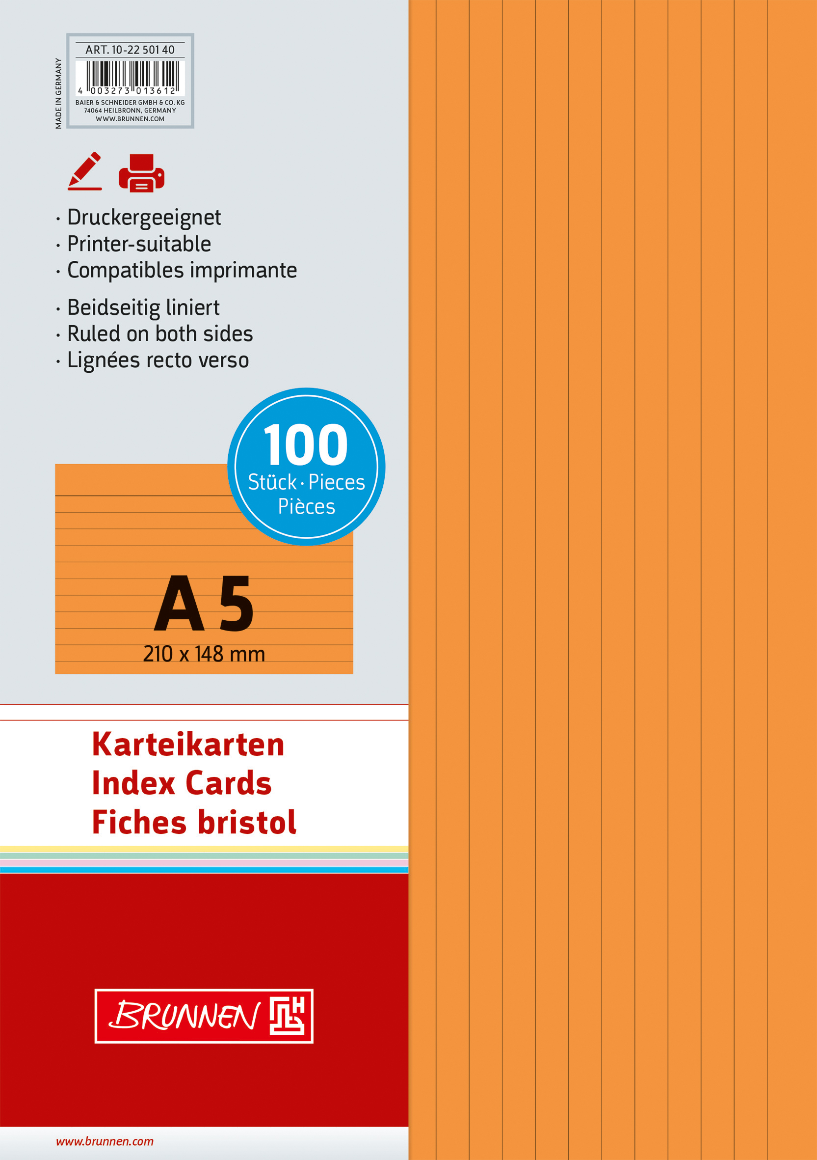 Brunnen - Karteikarten  A5 liniert orange/100ST