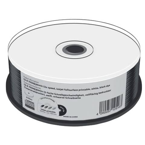 MediaRange - CD-R 700MB, 80min 52-fache Schreibgeschwindigkeit, vollflächig bedruckbar (Tintenstrahldrucker), schwarze Schreibseite, 25er Cakebox
