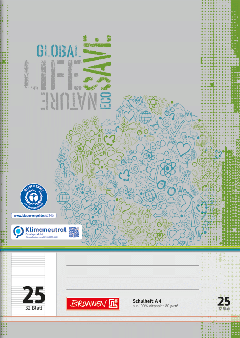 Schulheft Recycling A4 liniert, mit Rand, Lin. 25 grau-grün, 32 Blatt