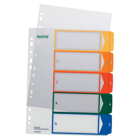 Leitz - 1291 Zahlenregister - PP, blanko, bedruckbar, A4 Überbreite, 5 Blatt, farbig