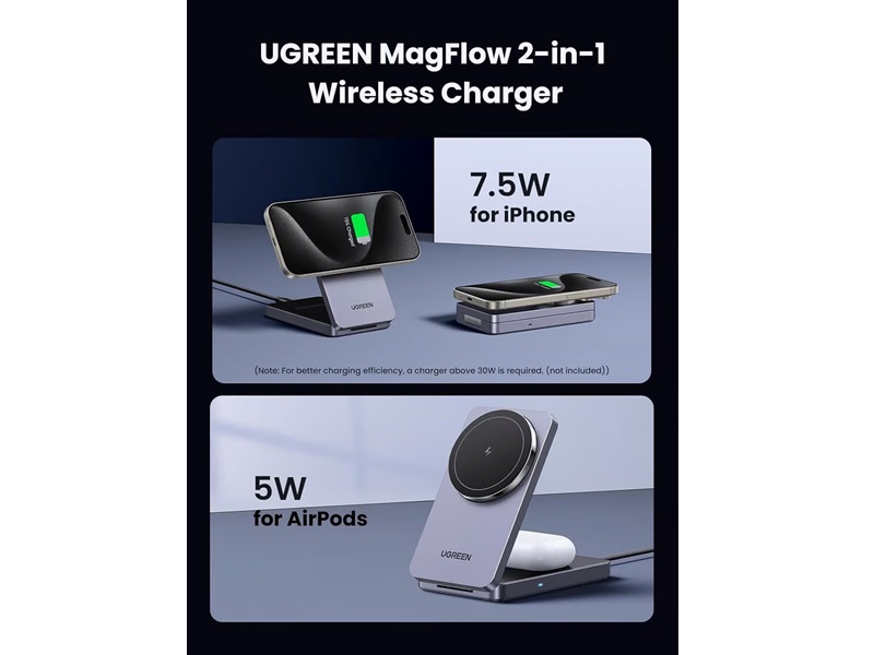 UGREEN - faltbare Mag Safe Ladestation - 2 in 1 - W528 - Grau