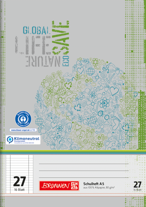 Schulheft Recycling A5 liniert, 20-linig, Lineatur durchlaufend, Lin. 27 grau-grün, 16 Blatt
