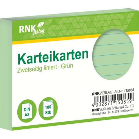 RNK Verlag - Karteikarten - DIN A8, liniert, grün, 100 Karten