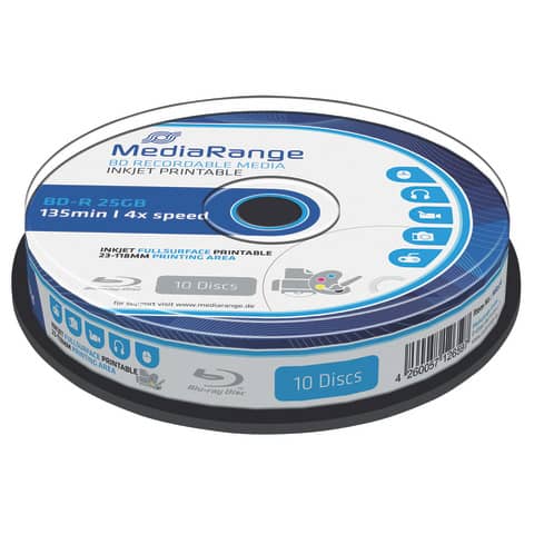 MediaRange - BD-R 25GB 4-fache Schreibgeschwindigkeit, vollflächig bedruckbar (Tintenstrahldrucker), 10er Cakebox