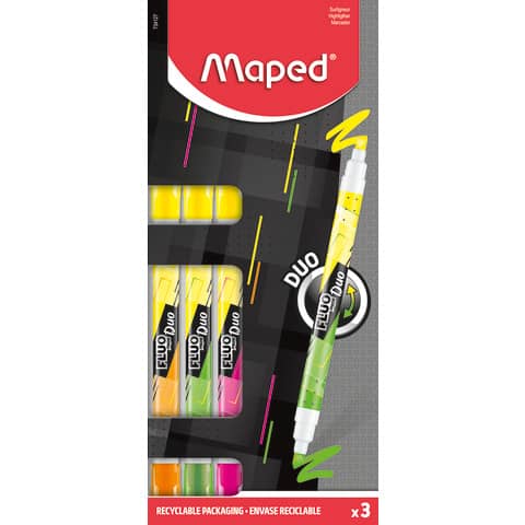 Maped® - Textmarkeretui Fluo Duo - 3 Stifte, sortiert