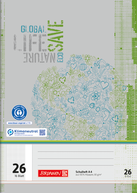 Schulheft Recycling A4 kariert, mit Rand, Lin. 26 grau-grün, 16 Blatt