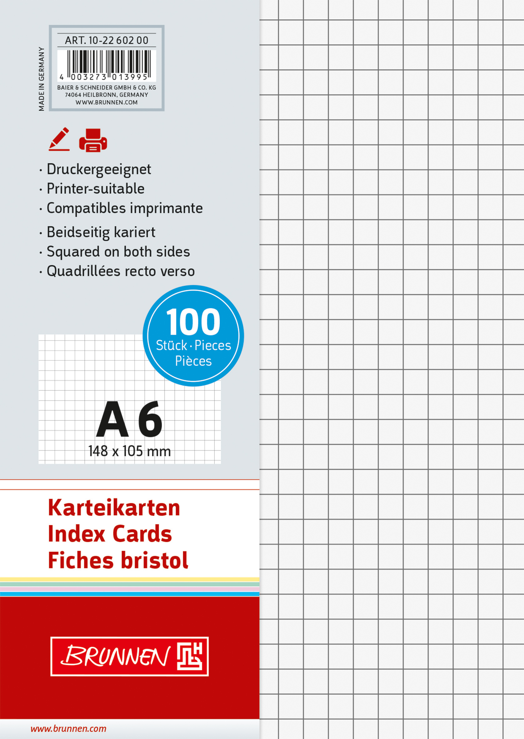 Brunnen - Karteikarten  A6 kariert weiß/100St.