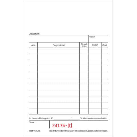 RNK Verlag - Kassenblock - oben geheftet, 2 x 50 Blatt, (BxH): 96 x 167 mm, mit Nummerierung