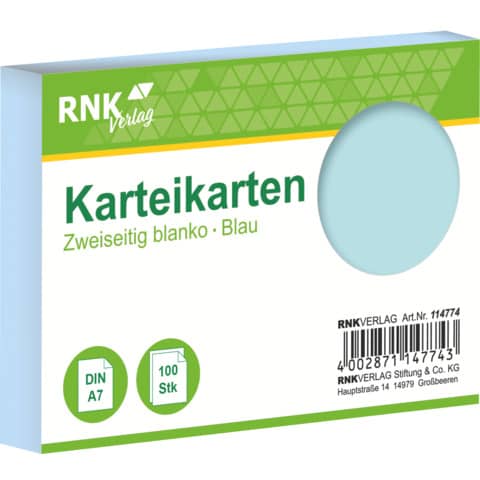 RNK Verlag - Karteikarten - DIN A7, blanko, blau, 100 Karten