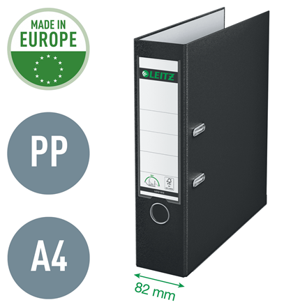 Leitz - Qualitäts-Ordner 180° Plastik, Graupappe mit PP, A4, ca. 80 mm Rückenbreite, Schwarz