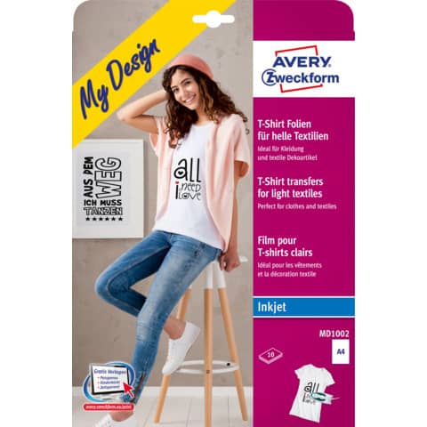 Avery Zweckform® - MD1002 Textilfolien für helle Textilien, 210 x 297 mm, 10 Blatt