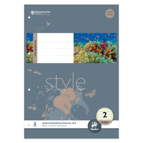 Staufen® style - Arbeitsblätterblock LIN2 A4 50 Blatt 80g/qm 4/4/4mm liniert farbig