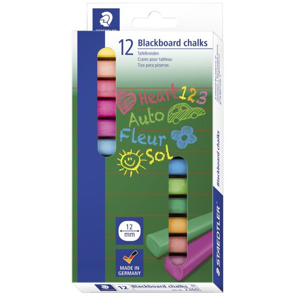Staedler -  Tafelkreide Staedtler farbig sort. 12 Stck./Pg. 90mm, 13x13mm bruchfest, leicht abwischbar