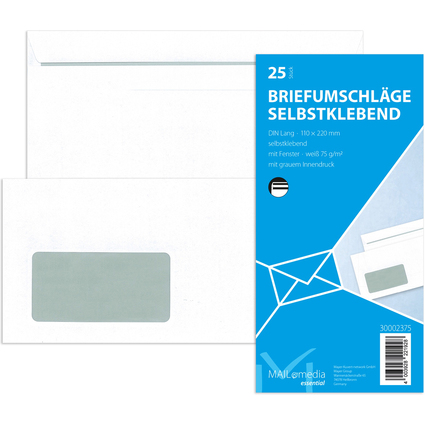 Mayer-bestpac - MAILmedia® - Briefumschläge (220x110 mm), mit Fenster, selbstklebend, 25 Stück