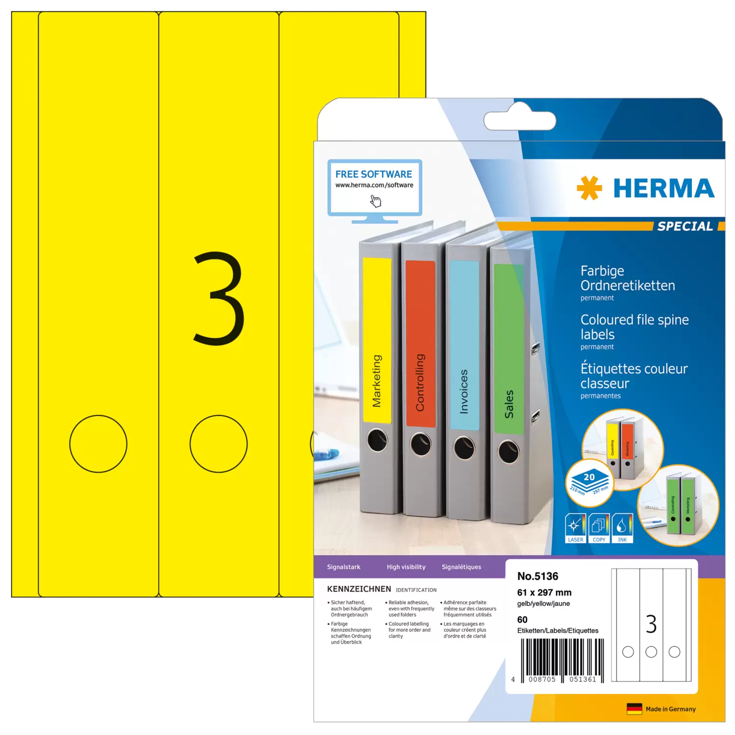 Herma - Kopieretiketten 61x297mm/25 gelb 75 Etiketten, für Ordnerrücken breit