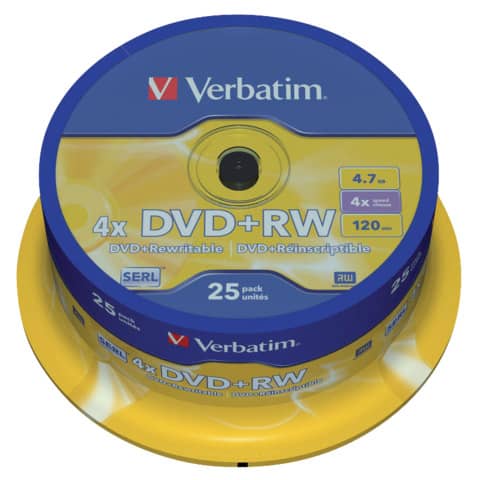 Verbatim - DVD+RW - 4.7GB/120Min, 4-fach/Spindel, Packung mit 25 Stück