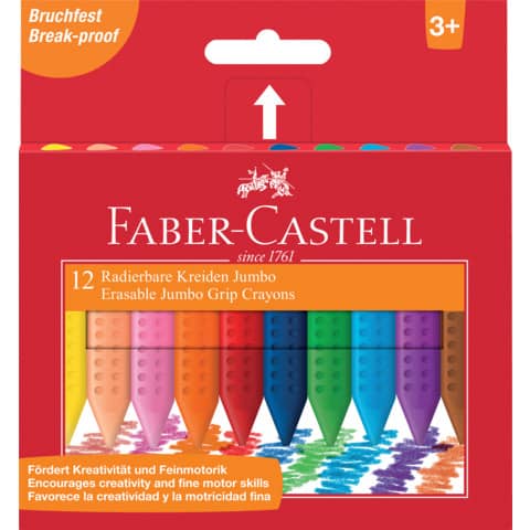 FABER-CASTELL - Radierbare Kreide JUMBO, ergonomische Dreikantform, 12 Kreiden farbig im Etui