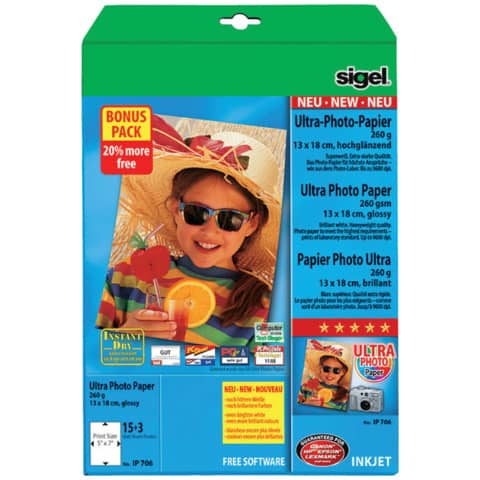 SIGEL - Inkjet Fotopapier Ultra - 13x18 cm, hochglänzend, 260 g/qm, 18 Blatt