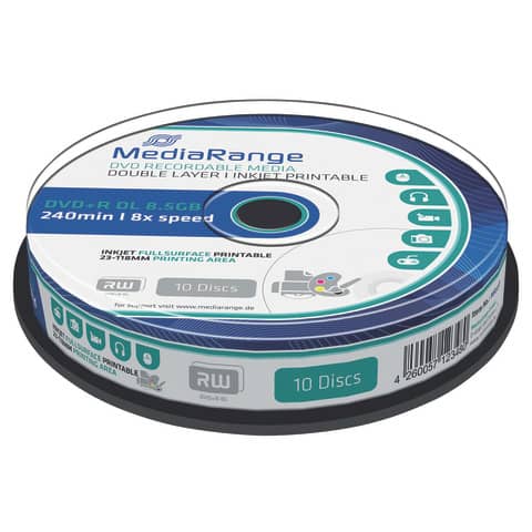 MediaRange - DVD+R Double Layer 8.5GB, 240min 8-fache Schreibgeschwindigkeit, vollflächig bedruckbar (Tintenstrahldrucker), 10er Cakebox