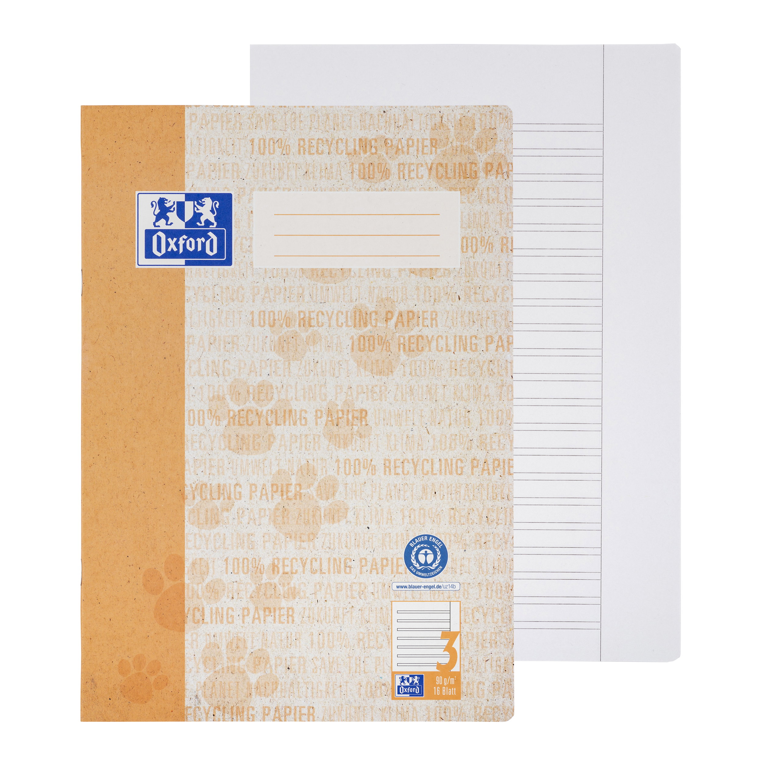 Oxford - Recycling Schulheft A4 - Lineatur 3 mit weißem Rand - 16 Blatt
