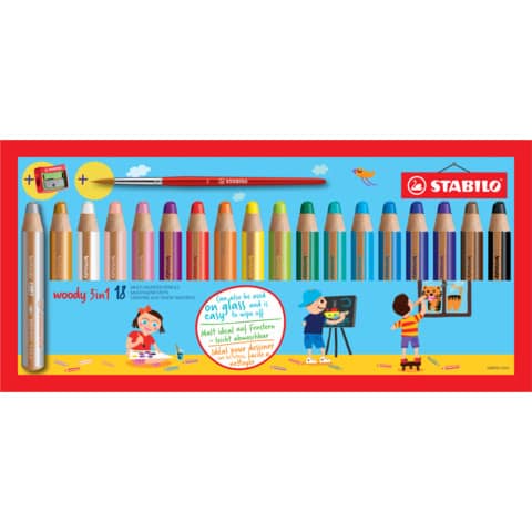 STABILO® - Buntstift, Wasserfarbe & Wachsmalkreide - woody 3 in 1 - 18er Pack mit Spitzer und Pinsel - mit 18 verschiedenen Farben