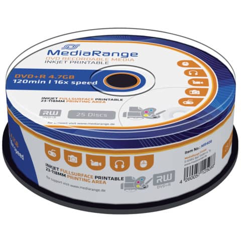 MediaRange - DVD+R - 4.7GB/120Min, 16-fach/Spindel, bedruckbar, Packung mit 25 Stück