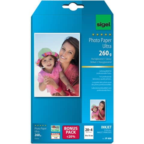 SIGEL - Inkjet Fotopapier Ultra - 10x15 cm, hochglänzend, 260 g/qm, 24 Blatt