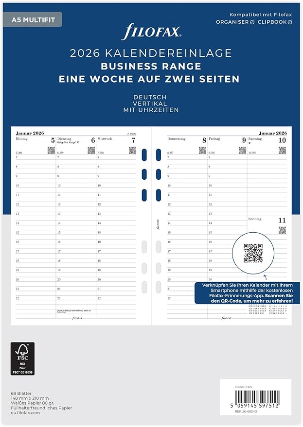 Filofax - Kalendereinlage Multifit - A5 - 1 Woche auf 2 Seiten - 2026