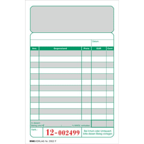 RNK Verlag - Kassenblock - zweifarbig - oben geheftet, 2 x 50 Blatt, 96 x 167 mm, nummeriert